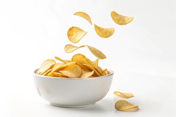 Crispy Potato Chips Falling into a Bowl Delicious Snack Food Photography