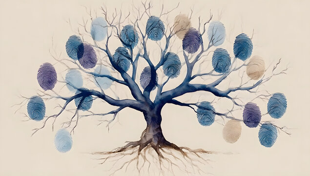 A watercolor illustration of a unique family tree, where the branches and roots are formed by fingerprints. The tree is leafless, symbolizing the family’s lineage and connections