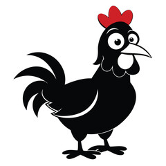 Black rooster with a prominent red comb and curious expression curiously observes its surroundings