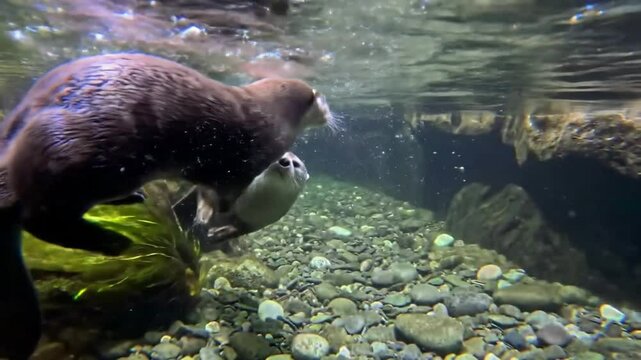 Two otters swim playfully underwater among rocks and plants.