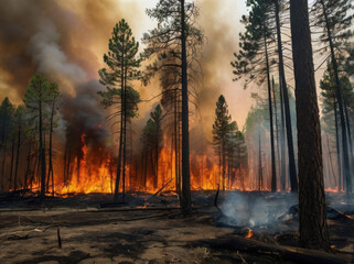 Real-life wildfire burning through a pine forest with smoke rising into the sky, minimal flat illustration for environmental disaster visuals