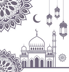 Mid-Century Modern 3D Islamic Papercut Illustration with Lavender, Gold & Lanterns