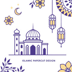 Fototapeta premium Elegant 3D Mid-Century Islamic Papercut Illustration with Lavender, Gold & Lantern Motifs