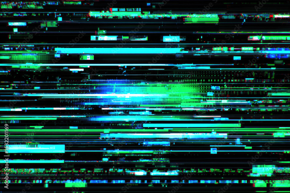 Fototapete digital abstract image featuring horizontal lines and glitches in vibrant green and blue hues, resem