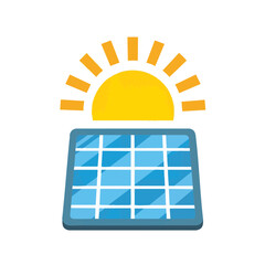 Flat Solar Panel Icon with Sun and Rays, Renewable Energy Symbol