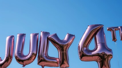 Rose gold foil balloons spelling July 4th float against a clear blue sky, a graphic resource for Independence Day celebration footage. - Powered by Adobe