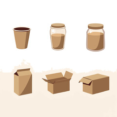 Flat Eco Packaging Set with Paper Cup, Jar, Box, Folded Paper