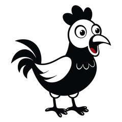 Black and white cartoon rooster stands with its mouth open looking surprised
