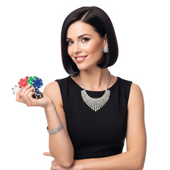 A beautiful woman is holding poker chips. isolated on transparent or white background, png
