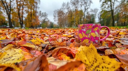 Pink Mug on Autumn Leaves