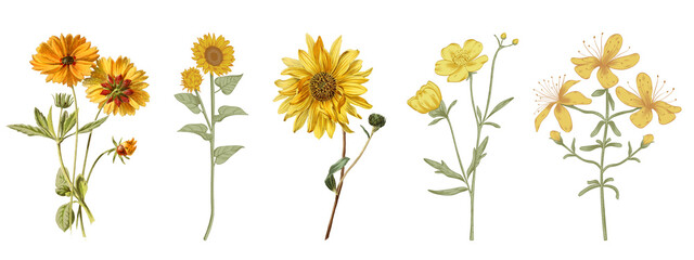 set of sunflowers and daisies isolated on white background, Aesthetic floral stickers PNG