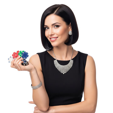 A beautiful woman is holding poker chips. isolated on transparent or white background, png