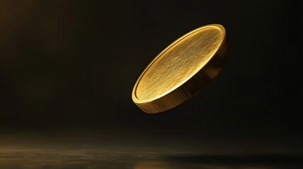 A single gold coin floating in the air with a dark background creating a dramatic presentation
