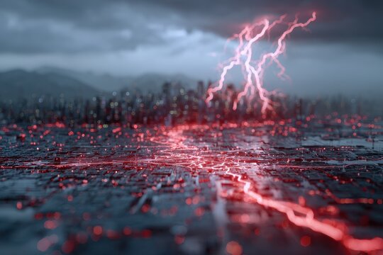 Dramatic Lightning Strikes Over Cityscape at Night with Red Glow - Powered by Adobe