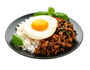 Spicy minced pork pad kra pao, minced pork stir-fried with holy basil leaves, served with plain cooked rice and a fried egg, a popular Thai single dish served from street food carts to restaurants.