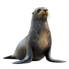 Naklejka premium A detailed image of a seal with sleek, wet fur, prominent whiskers, and large dark eyes sitting upright. Png, Transparent background.