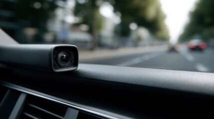 Closeup of dashboard camera with privacy notice inside car showing city street view with blurred cars and trees in background, conveying safety and surveillance themes