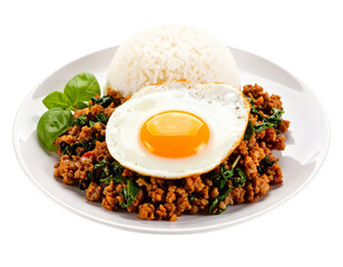 Spicy minced pork pad kra pao, minced pork stir-fried with holy basil leaves, served with plain cooked rice and a fried egg, a popular Thai single dish served from street food carts to restaurants.