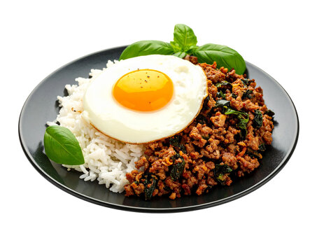 Spicy minced pork pad kra pao, minced pork stir-fried with holy basil leaves, served with plain cooked rice and a fried egg, a popular Thai single dish served from street food carts to restaurants.