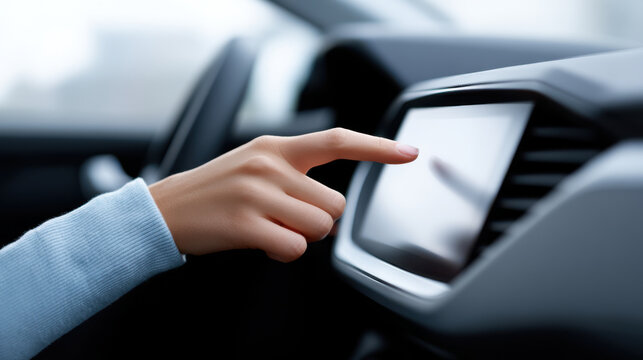 Person using touchscreen infotainment system inside modern vehicle close up of hand interacting with display interior of car digital interface technology vehicle dashboard driver control