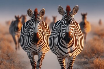Fototapeta premium Striking Close-Up of Two Zebras Walking in Dusty Grassland at Dawn