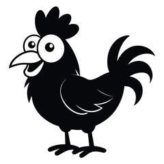 Animated black rooster with cartoon eyes is standing while smiling happily with joy