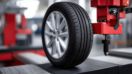 Close up of car tire mounted on wheel with tire alignment machine in background, showing precision equipment used for vehicle maintenance and wheel balancing, in professional automotive workshop