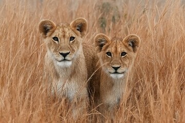 Obraz premium Two Young Lions in Tall Grass Under Soft Golden Light