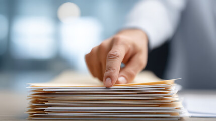 Person in formal attire is pointing at large stack of legal or official documents on desk, indicating review or selection process, in professional office setting