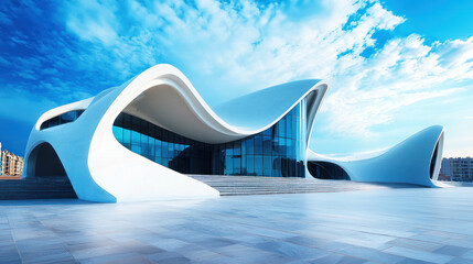 A modern, futuristic building with a curved, wave-like design, set against a blue sky with white clouds.