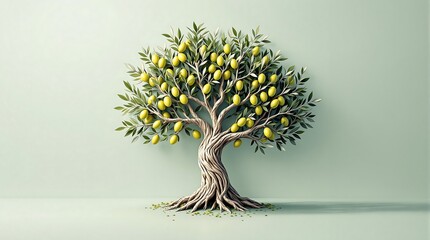 A stylized olive tree with green olives and leaves against a light green background studio shot