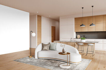 Curved white sofa and open kitchen island with pendant lighting – front side angle PNG wall cutout – Transparent Wall PNG with Realistic Shadows – 3D render