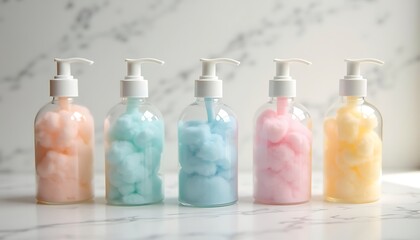 Five clear pump bottles filled with pastel cotton candy. Nobody present
