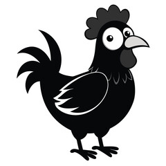 Cartoon rooster with black feathers and large eyes stands against a white background