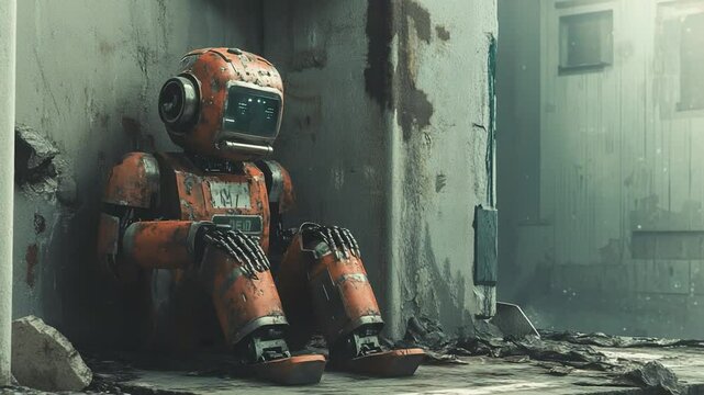 A weathered orange robot sits in a desolate industrial setting, surrounded by debris and shadows