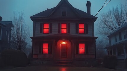 A spooky house with red windows glowing in the fog at night on a dark and eerie street view