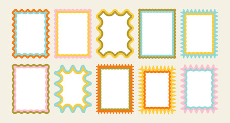 Wavy frame border frames. Vector wave edge kid color background. Fun cute retro text boxes. Kids wiggly bg. Squiggly curvy wavy scalloped edge picture frames. Groovy 60s zigzag text frame collection