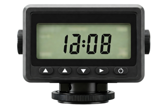 Black digital display showing time with control buttons isolated on a transparent background