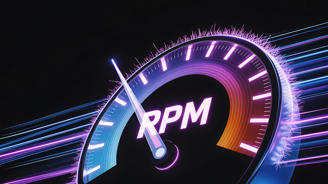 Futuristic digital rpm gauge displaying high performance data visualization on black background
