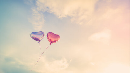 Two heart balloons in pastel sky, love in the air