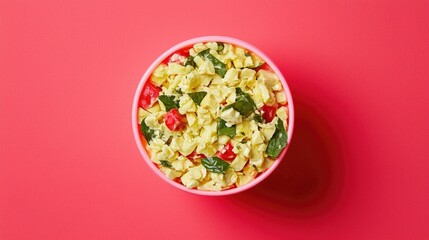 Pasta Salad with Tomato and Spinach in Pink Bowl