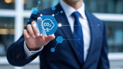 Person interacting with a digital interface showcasing carbon dioxide emissions reduction.