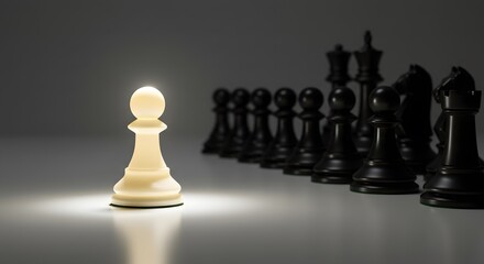Conceptual chess imagery white pawn vs. black army, high-key lighting, isolated white space, symbolizing bold moves, bravery, and mental conflict in a clean.