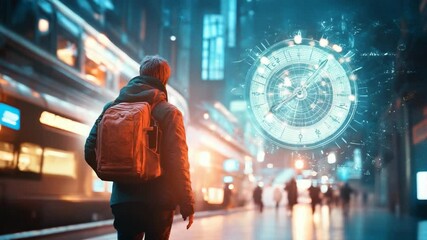 A traveler with a backpack walks through a futuristic city, observing a glowing clock overlay - Powered by Adobe