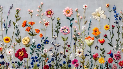 A floral embroidery pattern with various types of flowers in full bloom, using vibrant threads on a light fabric.