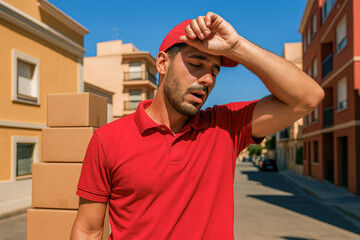 “Overheated delivery worker wipes sweat under extreme summer sun during record-breaking heatwave in residential neighborhood, illustrating human vulnerability to climate change, rising temperatures