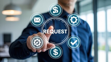 A person's finger touches a request on a digital interface.