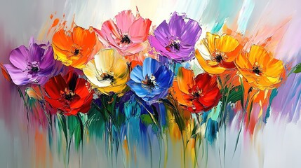 Vibrant painting of blooming flowers with multicolored petals in intricate detail, capturing natural beauty and joy. Ideal for decorative art, home design, greeting cards, wallpaper, or creative proje