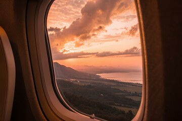 Stunning aerial view through airplane window showing golden sunset light over mountain ridges and distant lake with dramatic sky full of vibrant clouds and warm tones