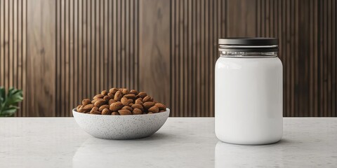 A white bowl filled with almonds sits next to a large sealed white jar on a marble countertop, set against a wooden paneled background.